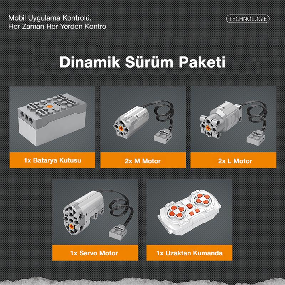 Dinamik bir paket için motorlar, pil kutusu ve uzaktan kumanda görselleri.