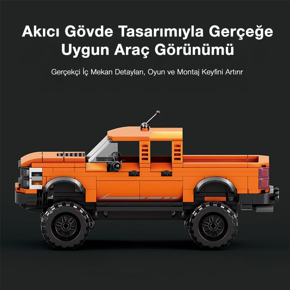 Detaylı iç ve büyük tekerlekli turuncu Lego pickup kamyonet.