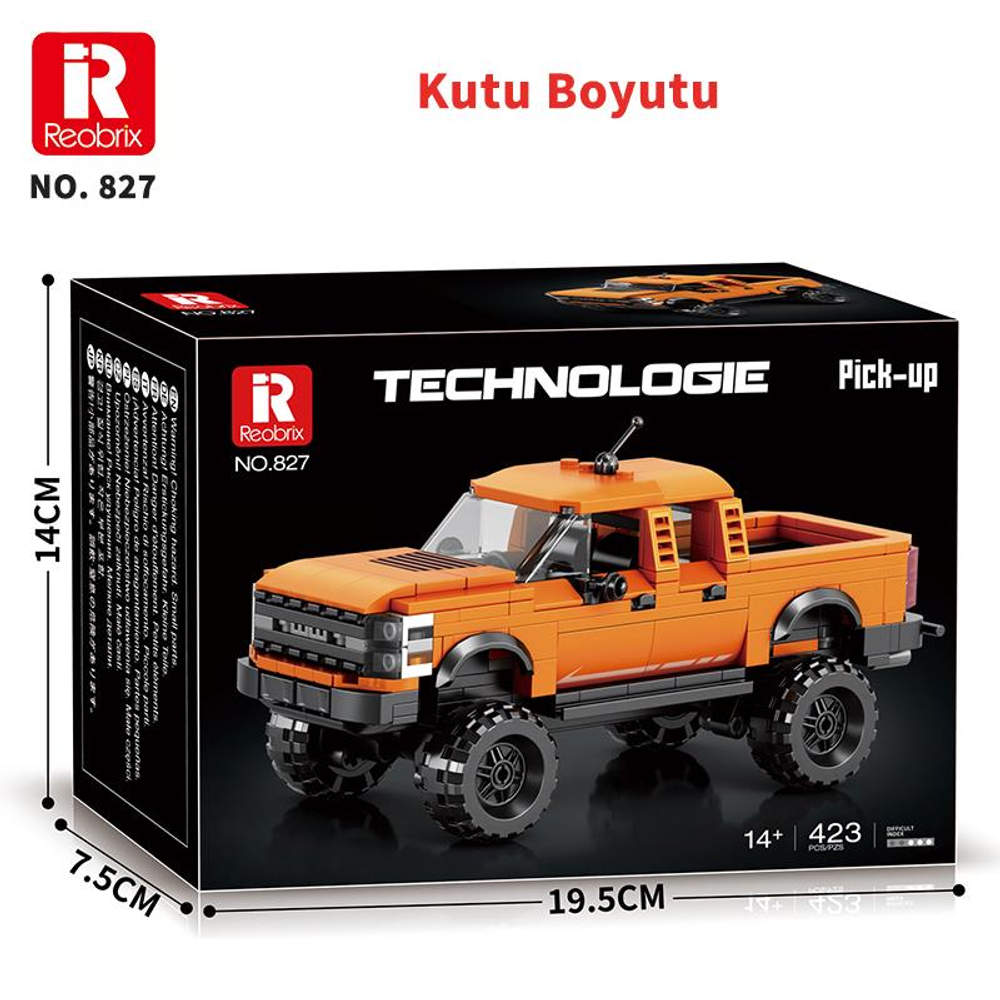 Turuncu Reobrix pickup yapım seti, model no. 827, detaylı.