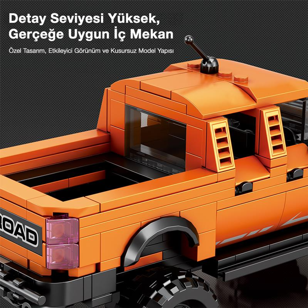 Siyah tekerlekli detaylı turuncu Lego pickup kamyonet modeli.