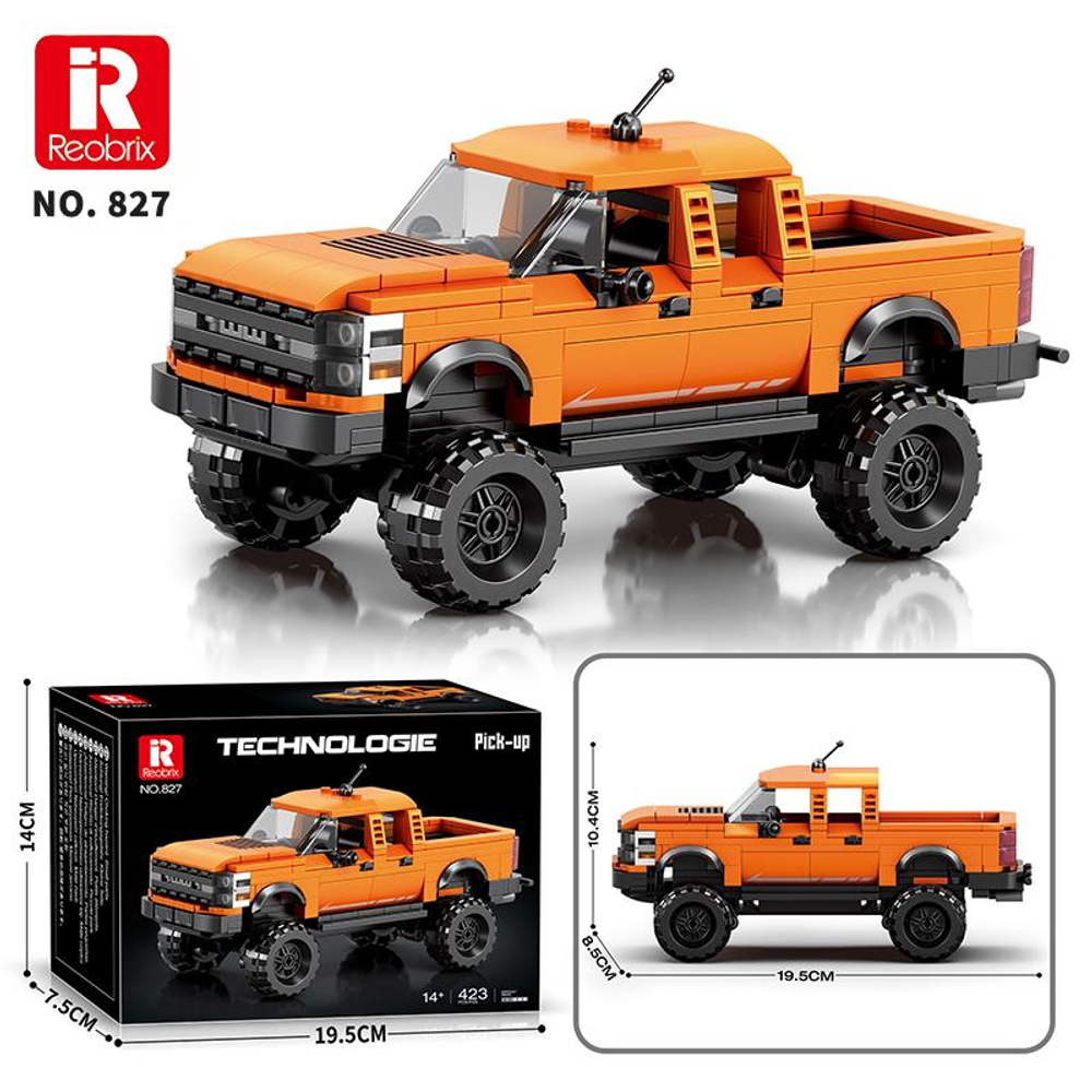 Büyük tekerlekli turuncu Reobrix yapım parçası pickup kamyonet modeli.