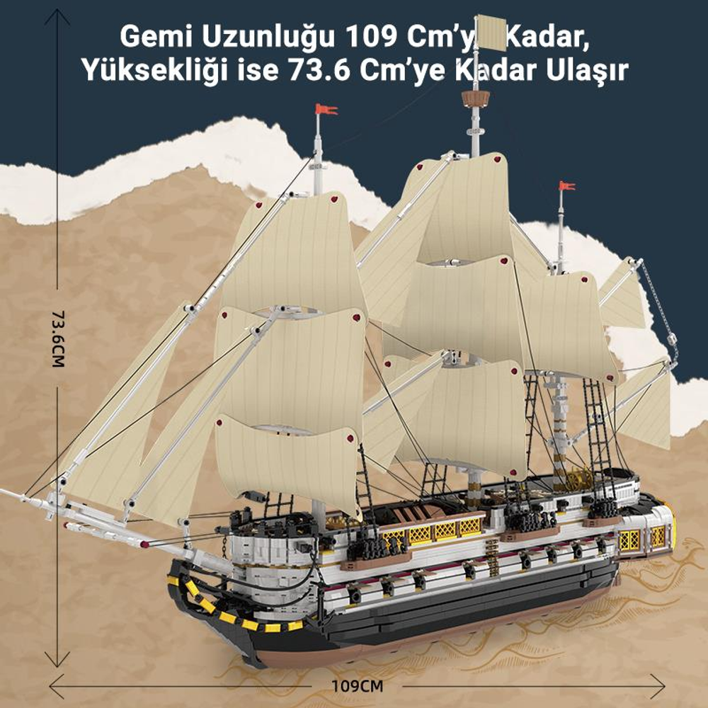 Bej rengi yelkenleri ve siyah gövdesi olan detaylı bir yelkenli gemi modeli.