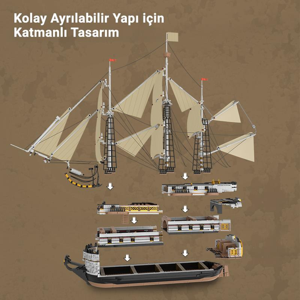 Yelkenli, direkli ve ayrılabilir parçalı bir model gemi.