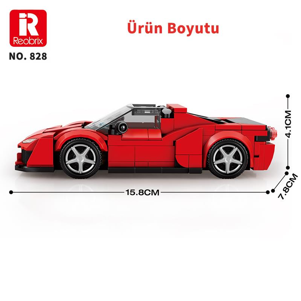 Boyut etiketli, kırmızı, tuğladan yapılmış oyuncak araba.