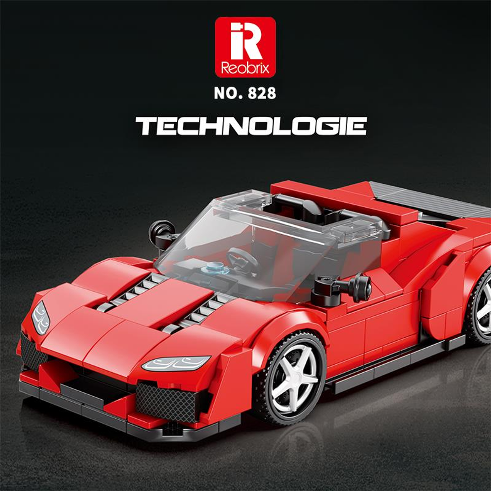 Şeffaf ön camlı ve siyah tekerlekli kırmızı bir Lego spor araba modeli.