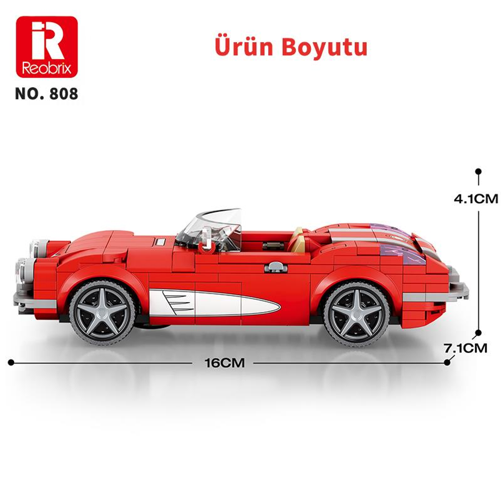 Kırmızı üstü açık oyuncak araba, 16cm uzunluk, 7,1cm yükseklik, 4,1cm genişlik.