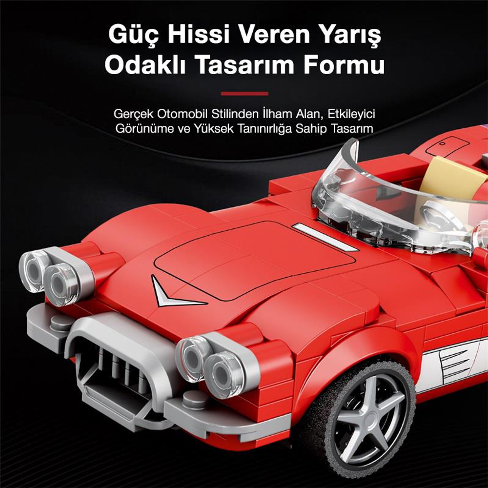Krom detaylı ve siyah lastikli kırmızı retro Lego araba.