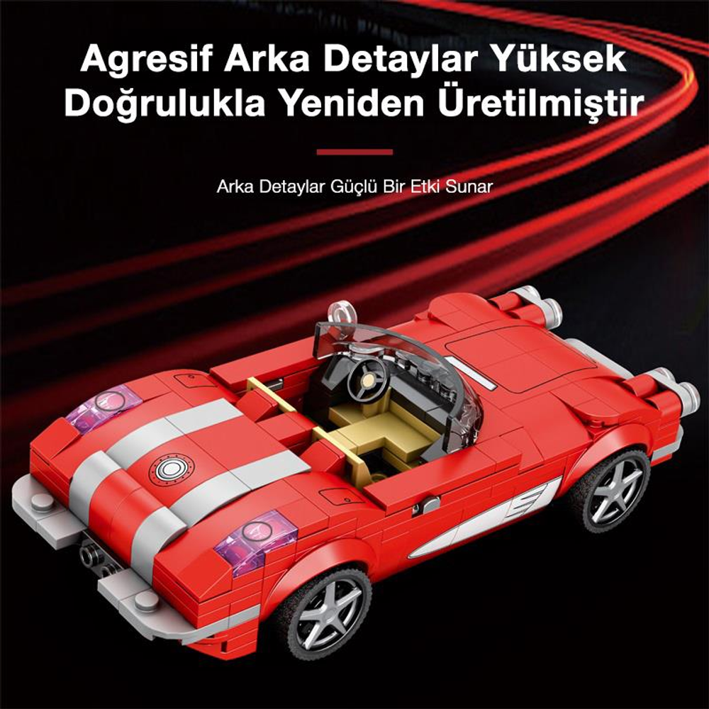 Gümüş vurgulu, siyah iç mekana sahip kırmızı bir Lego araba.