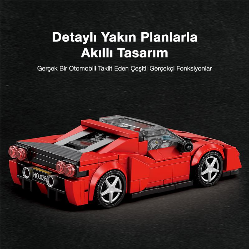Şeffaf tavanlı, detaylı arka lambalara sahip kırmızı Lego spor araba modeli.