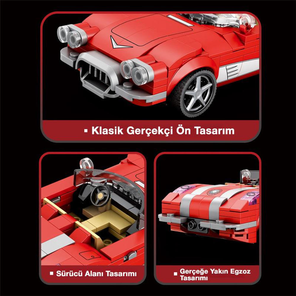 Detaylı farları, ızgarası ve tekerlekleri olan kırmızı Lego araba.