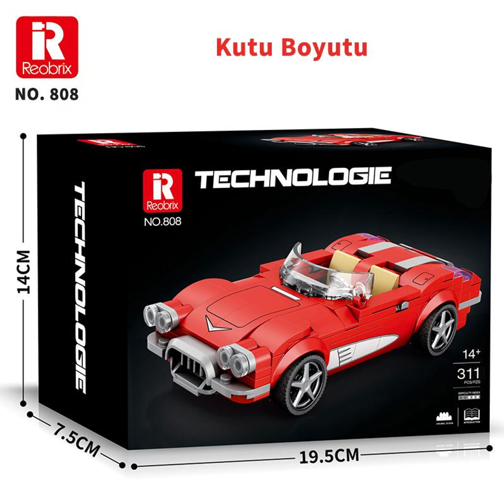 Kırmızı oyuncak üstü açık araba kutusu, 'Reobrix' markası ve boyutları.