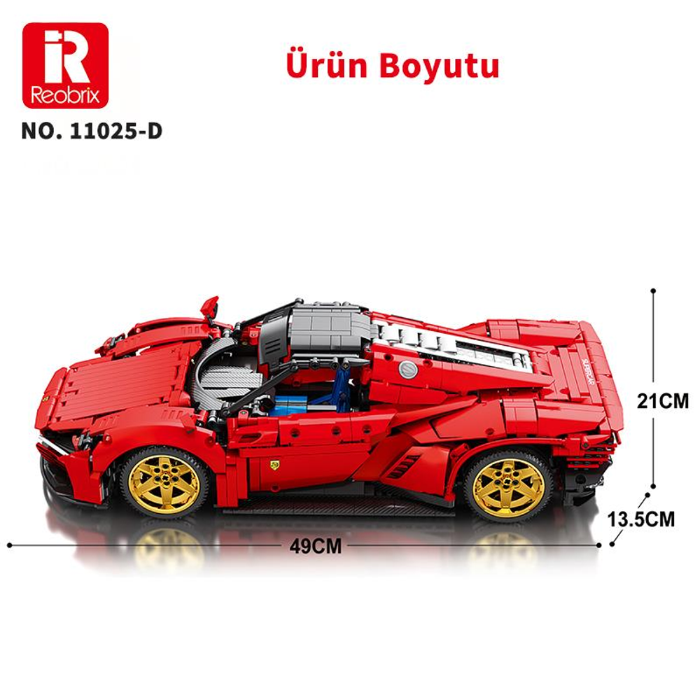 Altın jantlı kırmızı model araba, boyutları 49x21x13,5cm.