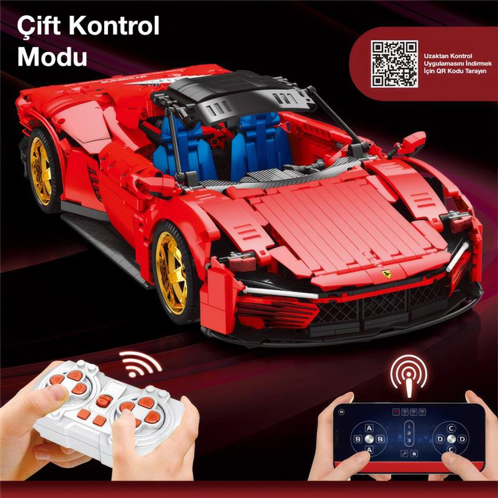 Kırmızı Lego spor araba, uzaktan kumanda ve akıllı telefon uygulaması ile gösterilmiştir.