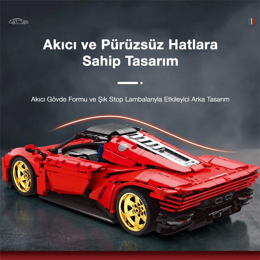 Altın jantlı ve detaylı arka kısmına sahip kırmızı Lego spor araba modeli.