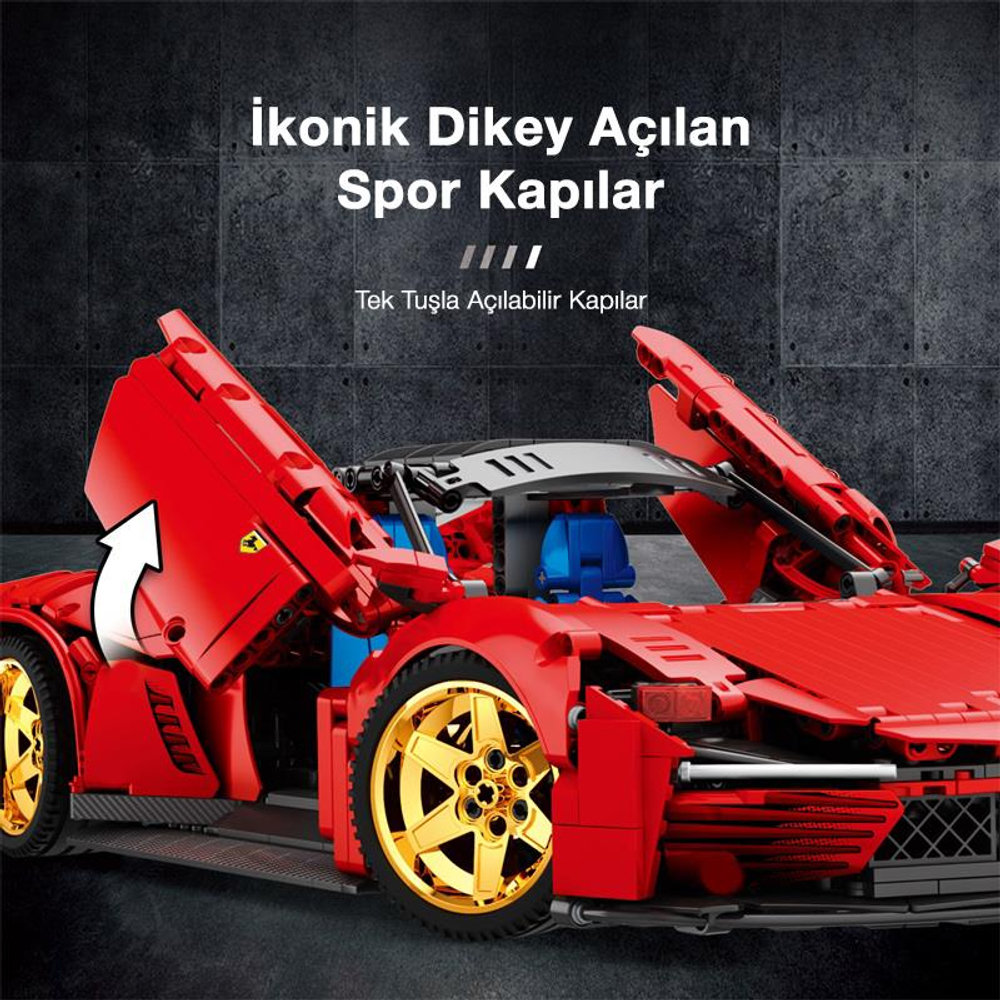Açık makas kapılı ve altın jantlı kırmızı oyuncak spor araba.
