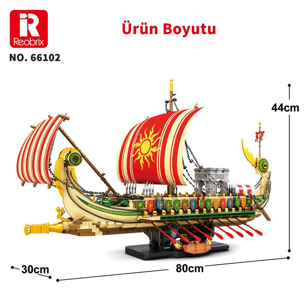 Reobrix model gemi, 80cm uzunluk, 44cm yükseklik, 30cm genişlik. Kırmızı yelkenler, güneş.