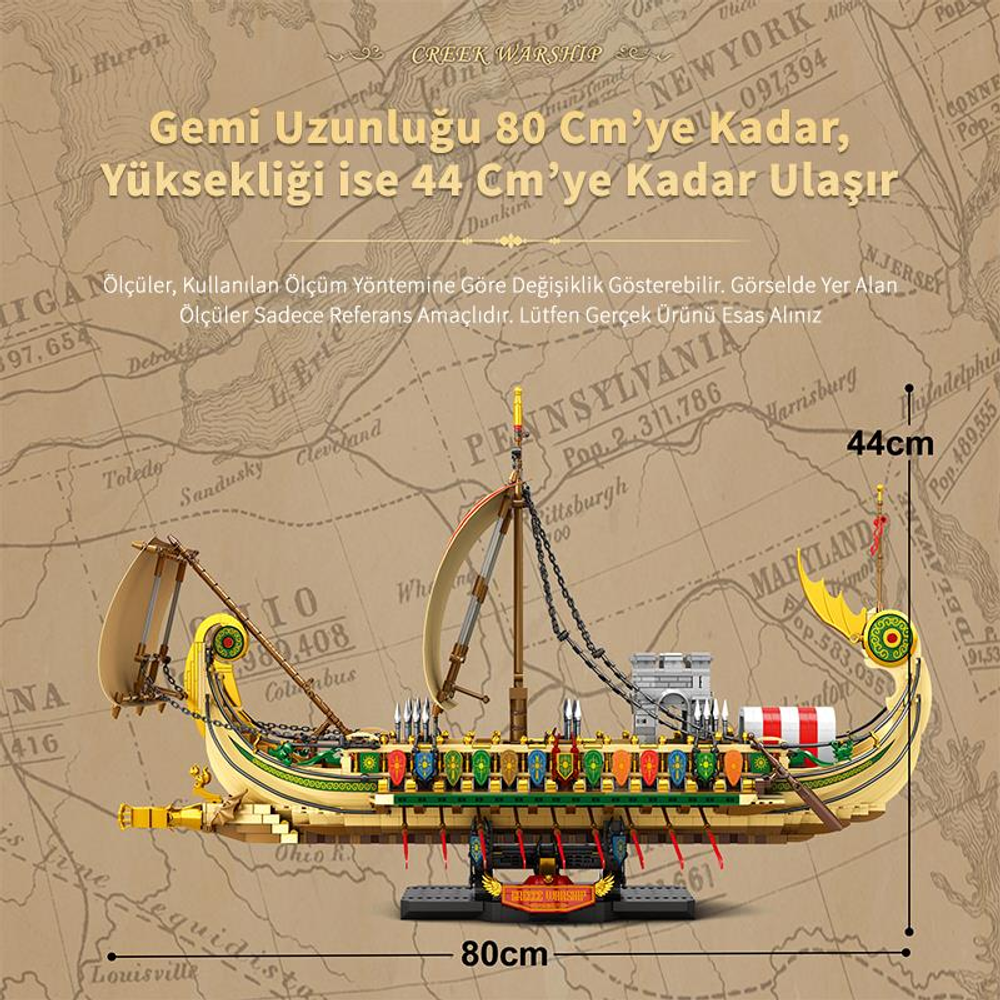 Harita üzerinde Lego Viking gemisi modeli, 80cm uzunluğunda, 44cm yüksekliğinde.