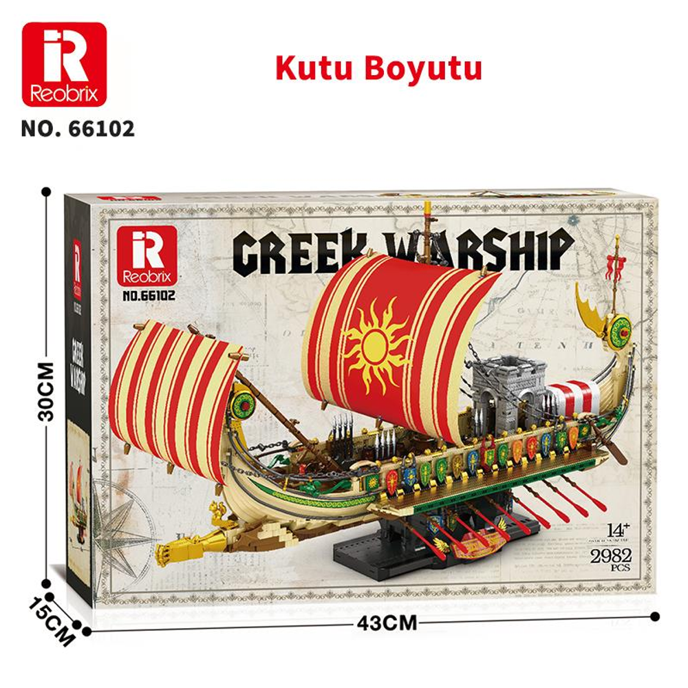 Kırmızı ve sarı yelkenli Yunan savaş gemisi modeli, bir stant üzerinde.