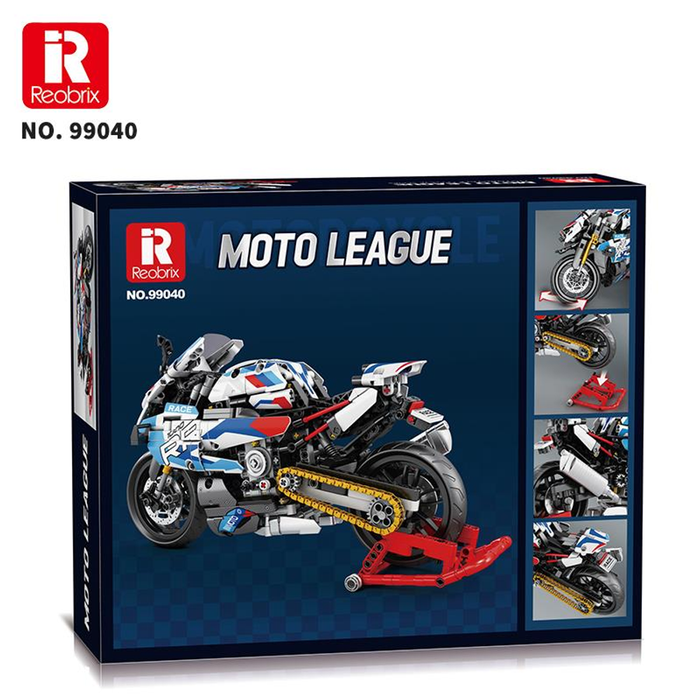 Reobrix Moto League yapım oyuncağı kutusu, kırmızı stand üzerinde detaylı bir motosiklet modeli içerir.