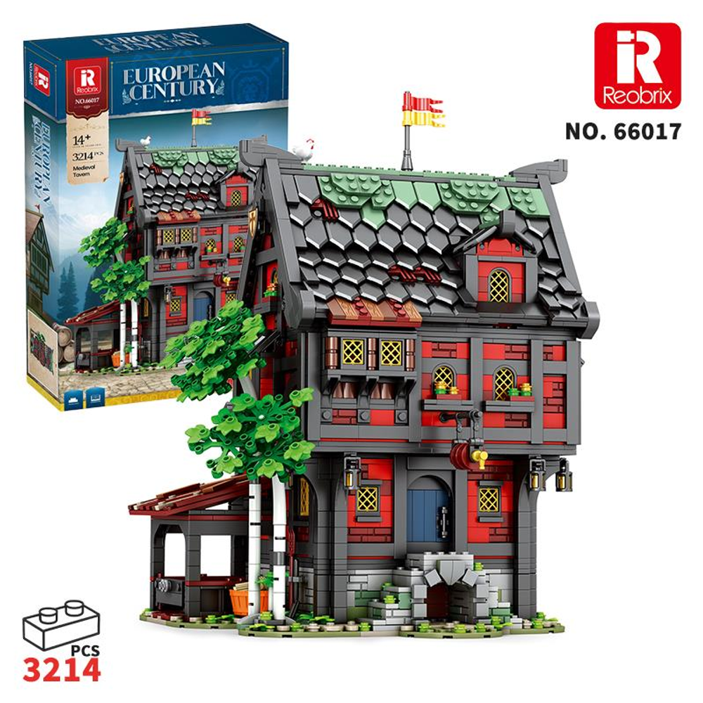 Kırmızı duvarlı, yeşil ve gri çatılı ortaçağ lego binası.