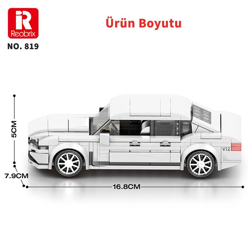 Boyutları olan beyaz bir oyuncak araba modeli. Uzunluğu 16,8 cm'dir.