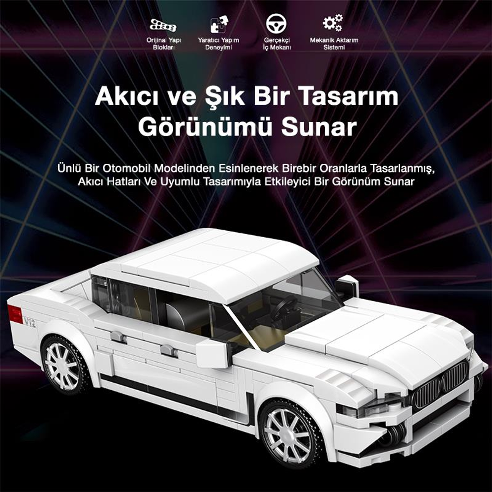 Koyu arka plan üzerinde aerodinamik tasarımlı beyaz Lego araba modeli.