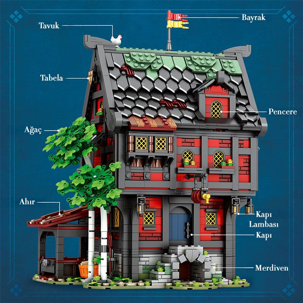 Bir ağaç ve tavuk figürü olan ortaçağ evi Lego modeli.