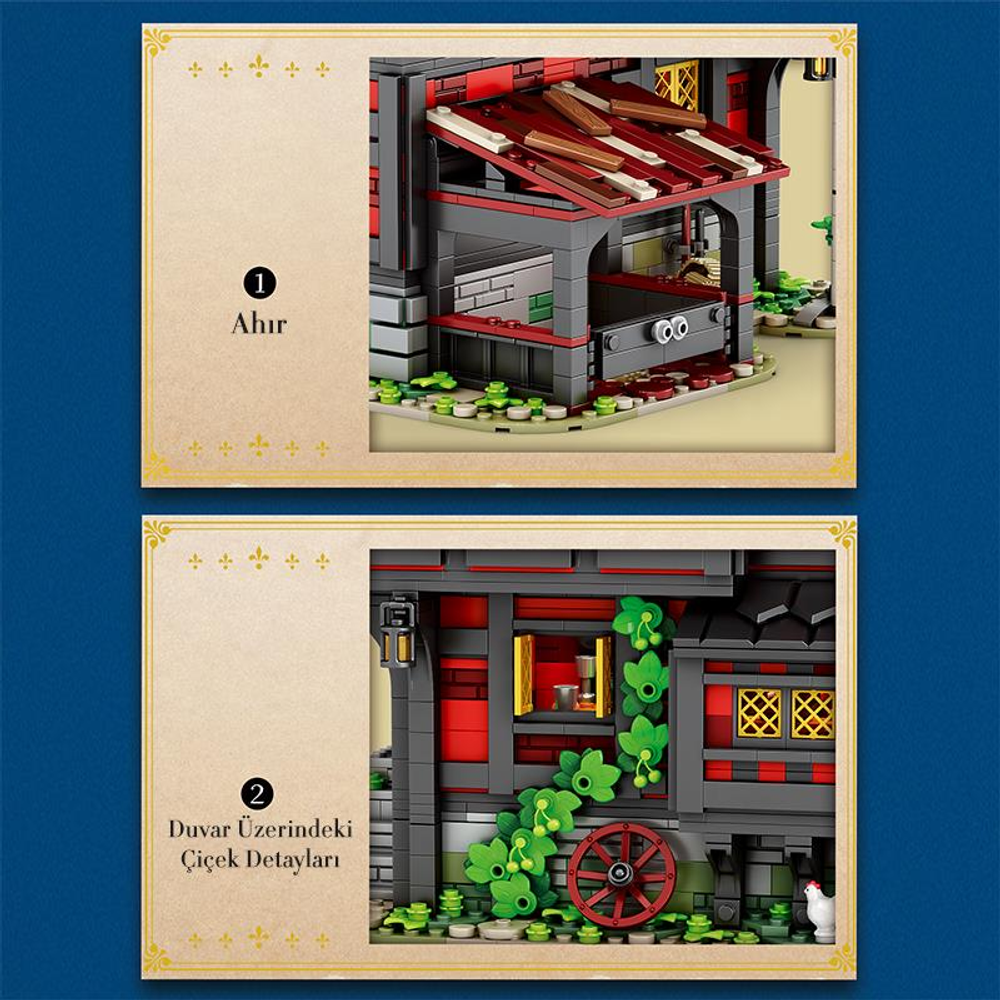 Kırmızı çatılı ve gri duvarlı bir Lego bina modeli.