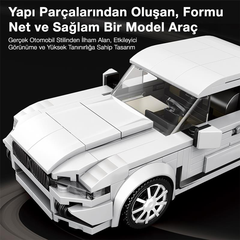 Gerçek otomobillerden ilham alan beyaz, tuğladan yapılmış model.