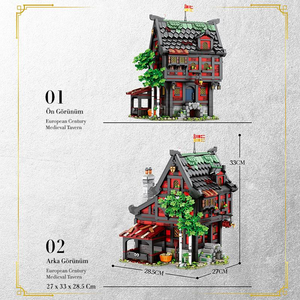 Lego orta çağ taverna modelinin iki görünümü. Ön ve arka görünümler.