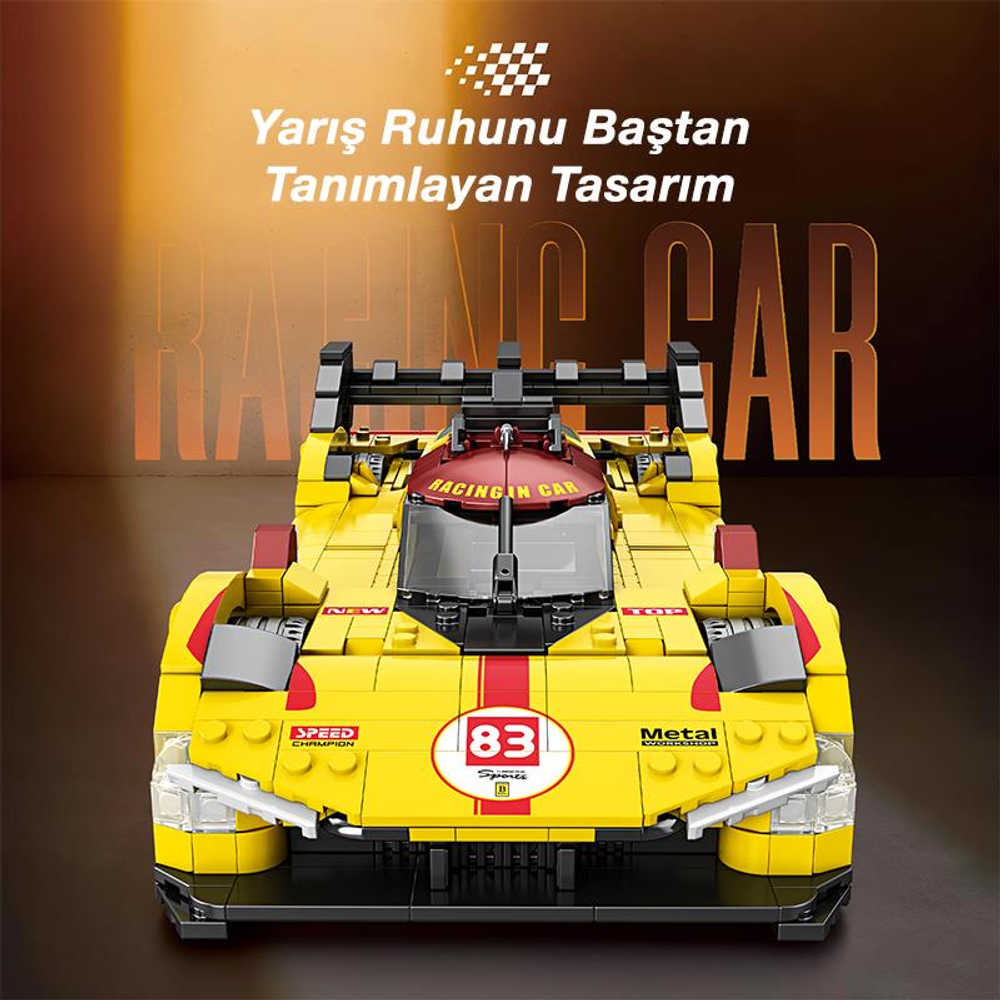 Sarı yarış arabası, 83 numaralı, spoiler ve çıkartmalarla detaylı.