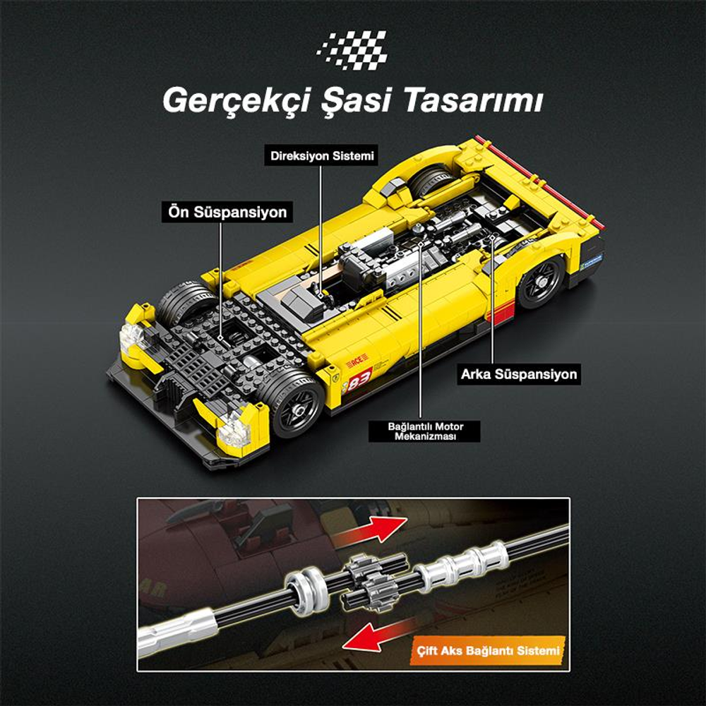 Sarı yarış arabası modeli, şasi, motor ve süspansiyon detaylarını gösteriyor.