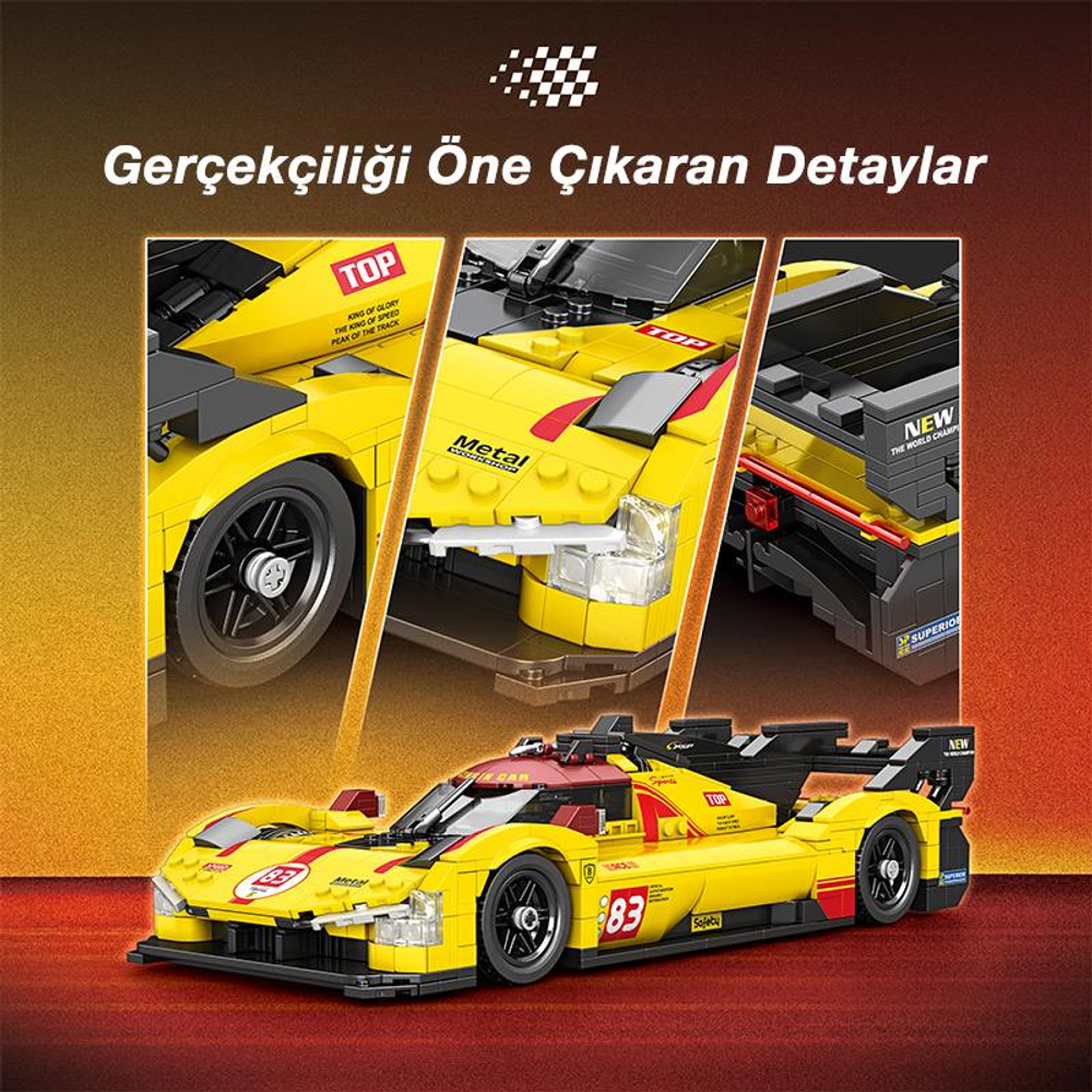 Detaylı olarak gösterilen sarı, bloklardan yapılmış yarış arabası.