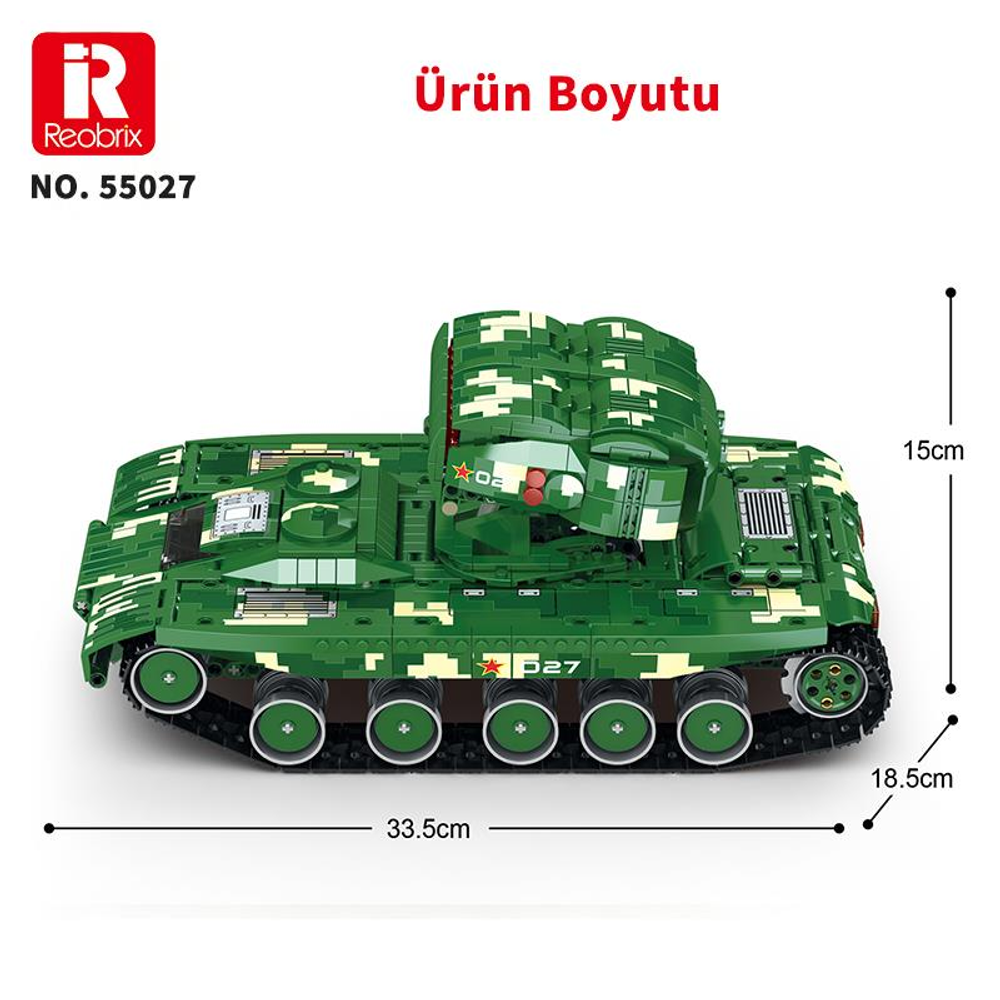 Yeşil oyuncak tank boyutları: 33,5 cm U, 15 cm Y, 18,5 cm G.
