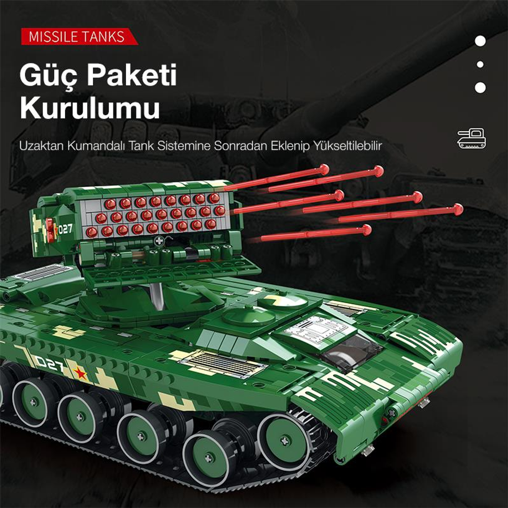 Kırmızı füzeler ateşleyen roketatarli yeşil oyuncak tank.