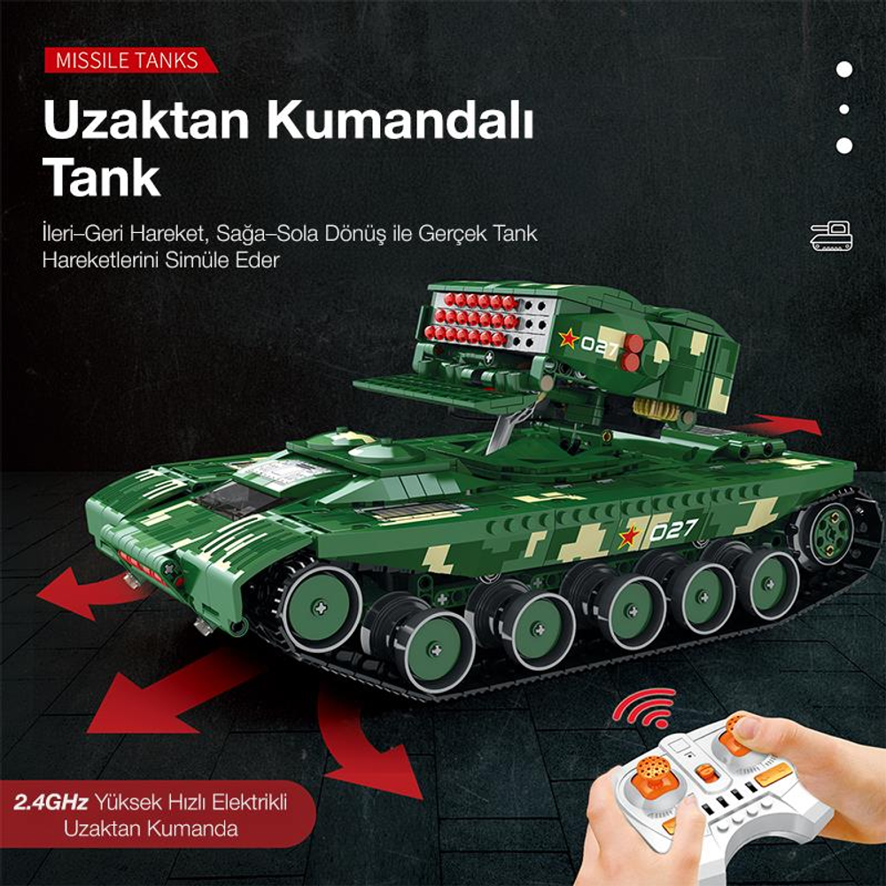 Roketatarli ve kumandalı yeşil uzaktan kumandalı oyuncak tank.