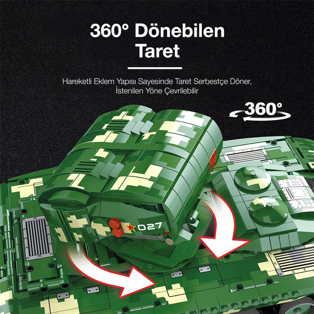 Döner taretli, kamuflaj desenli yeşil oyuncak tank modeli.