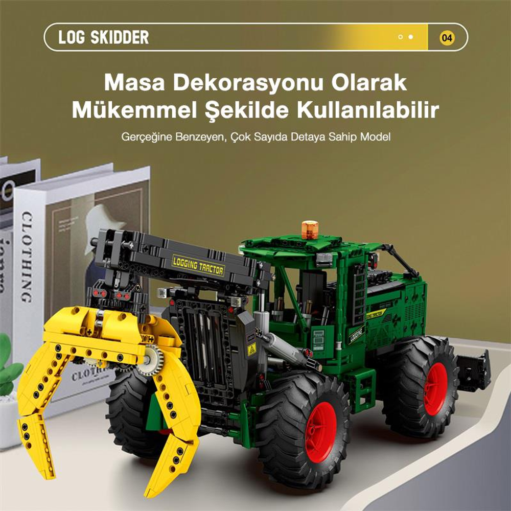 Sarı vinçli yeşil oyuncak tomruk çekici, detaylı.