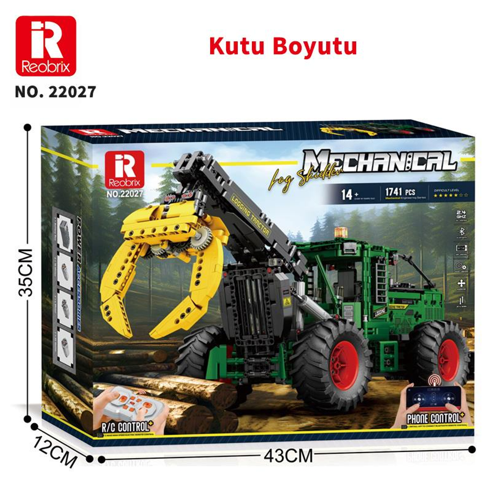 Uzaktan kumandalı yeşil ve sarı tomruk toplama traktörü yapım setinin kutusu.