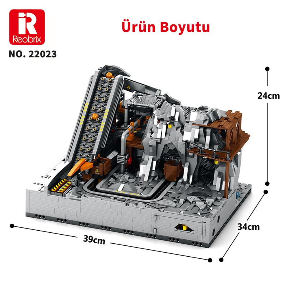 Taşıma bandı, kayalar ve binalarla detaylı maden oyuncak modeli, ölçüleri 39x34x24cm.
