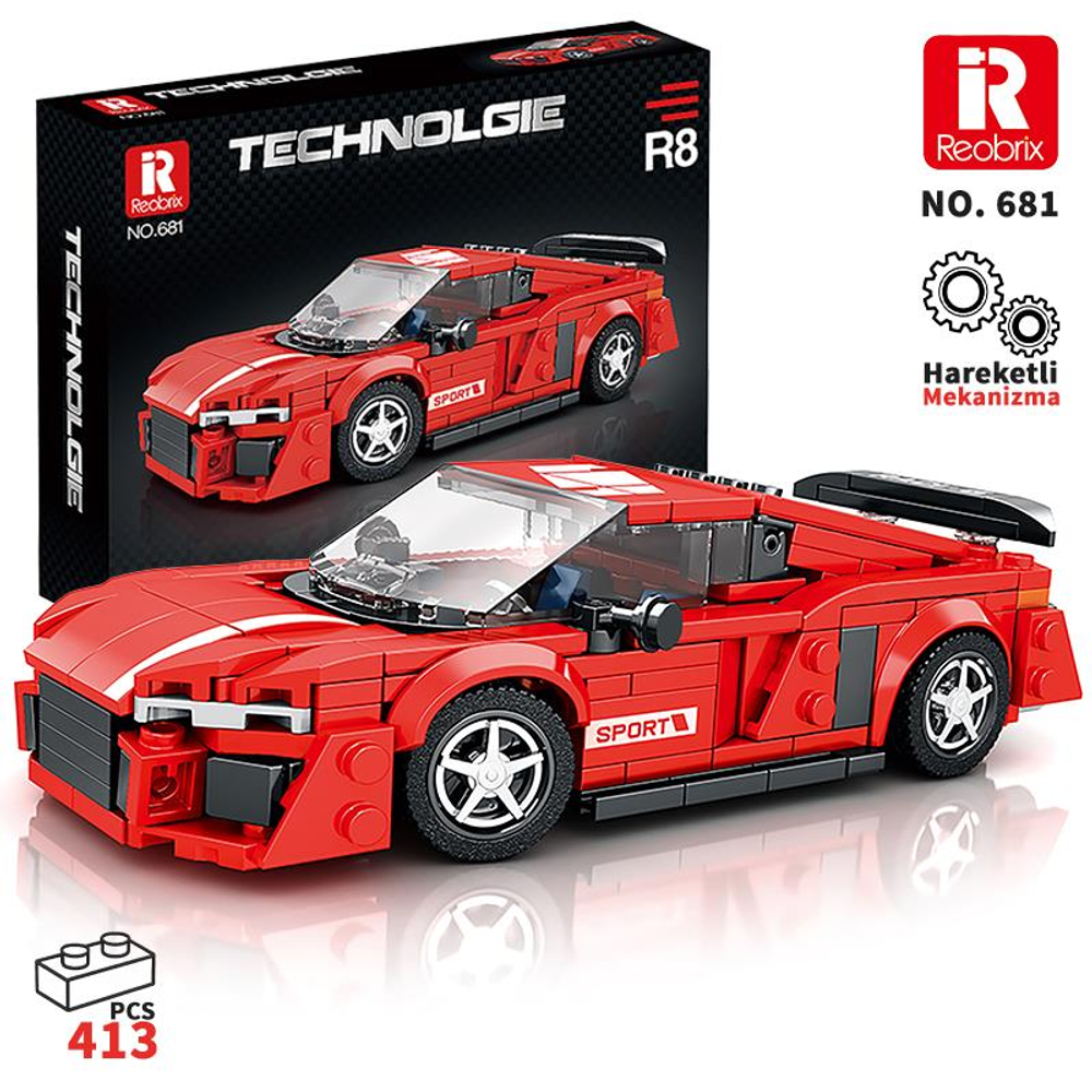 Kırmızı oyuncak araba yapım bloğu seti, R8 modeli, 413 parça.