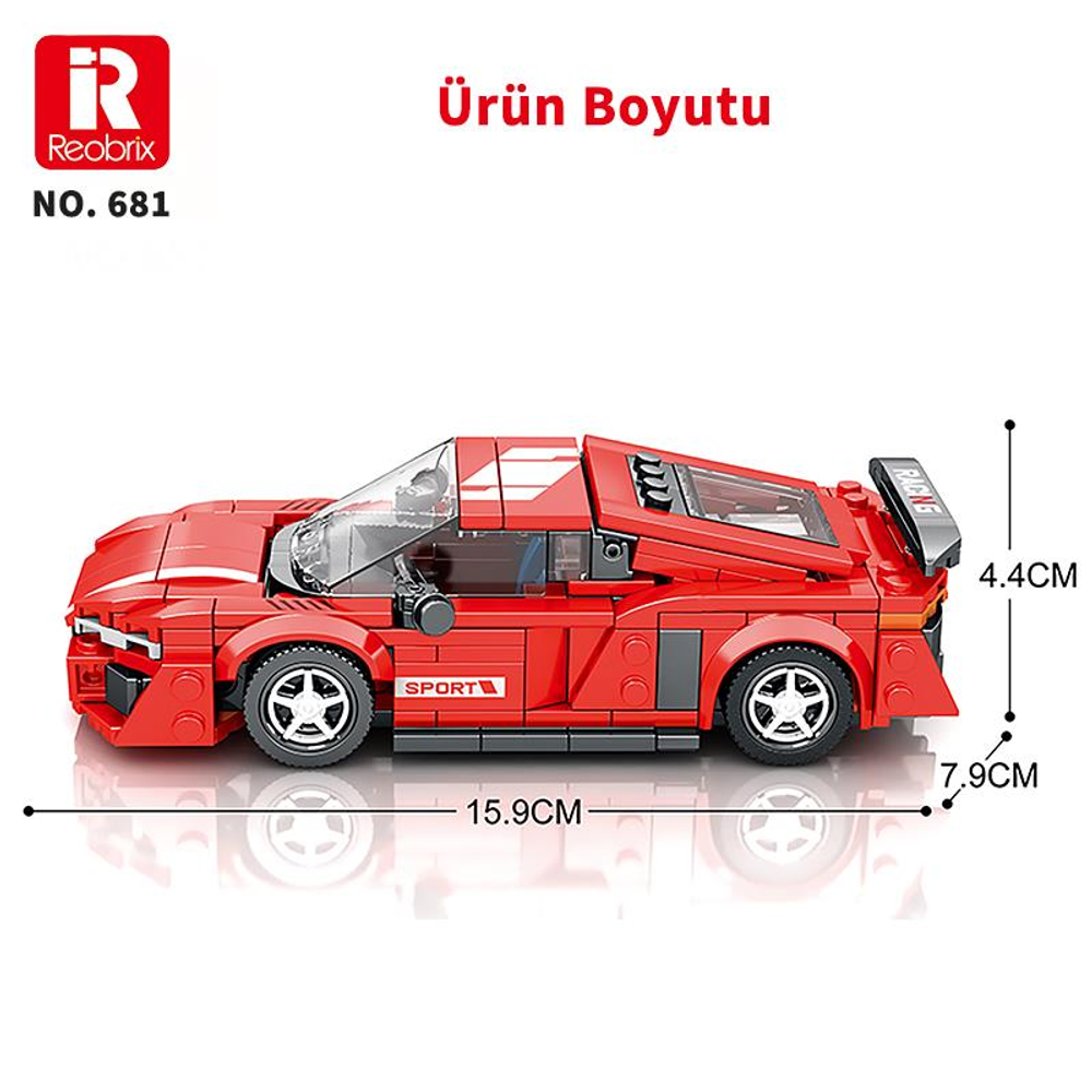 15,9 cm uzunluğunda ve 4,4 cm yüksekliğinde kırmızı oyuncak araba.