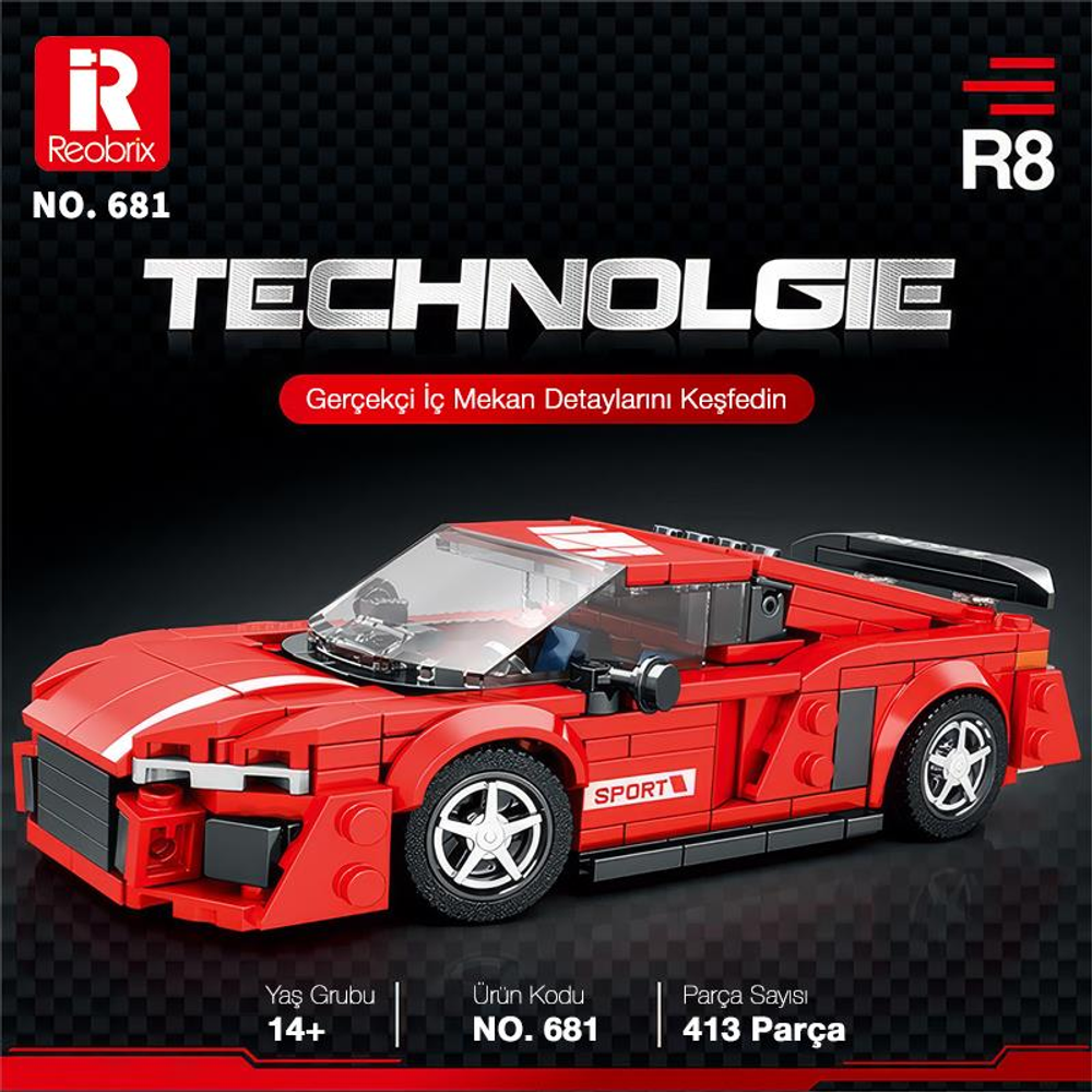 Etiketlerinde "TECHNOLOGIE" ve "SPORT" yazan kırmızı bir Lego spor araba modeli.