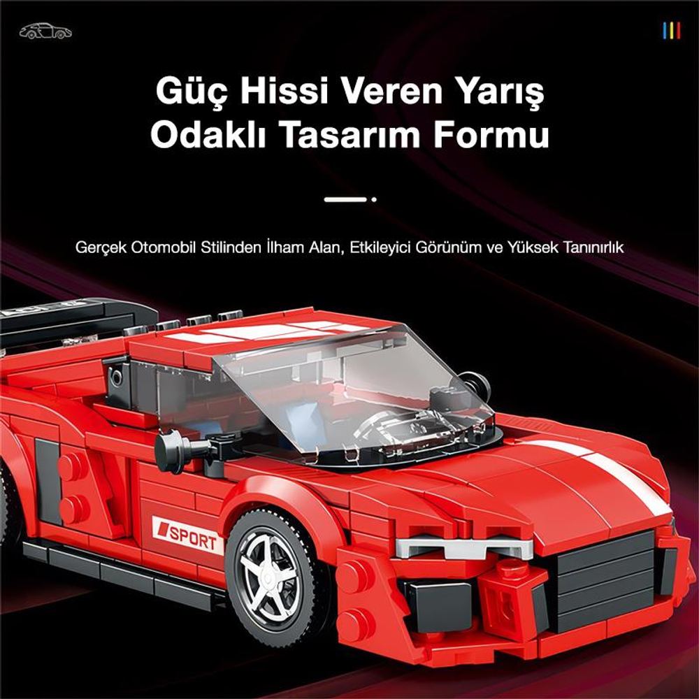 Beyaz çizgili ve siyah detaylı kırmızı Lego spor araba.