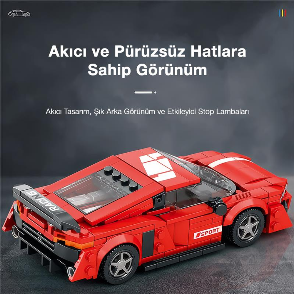 Beyaz şeritli ve "SPORT" yazılı kırmızı Lego spor araba modeli.