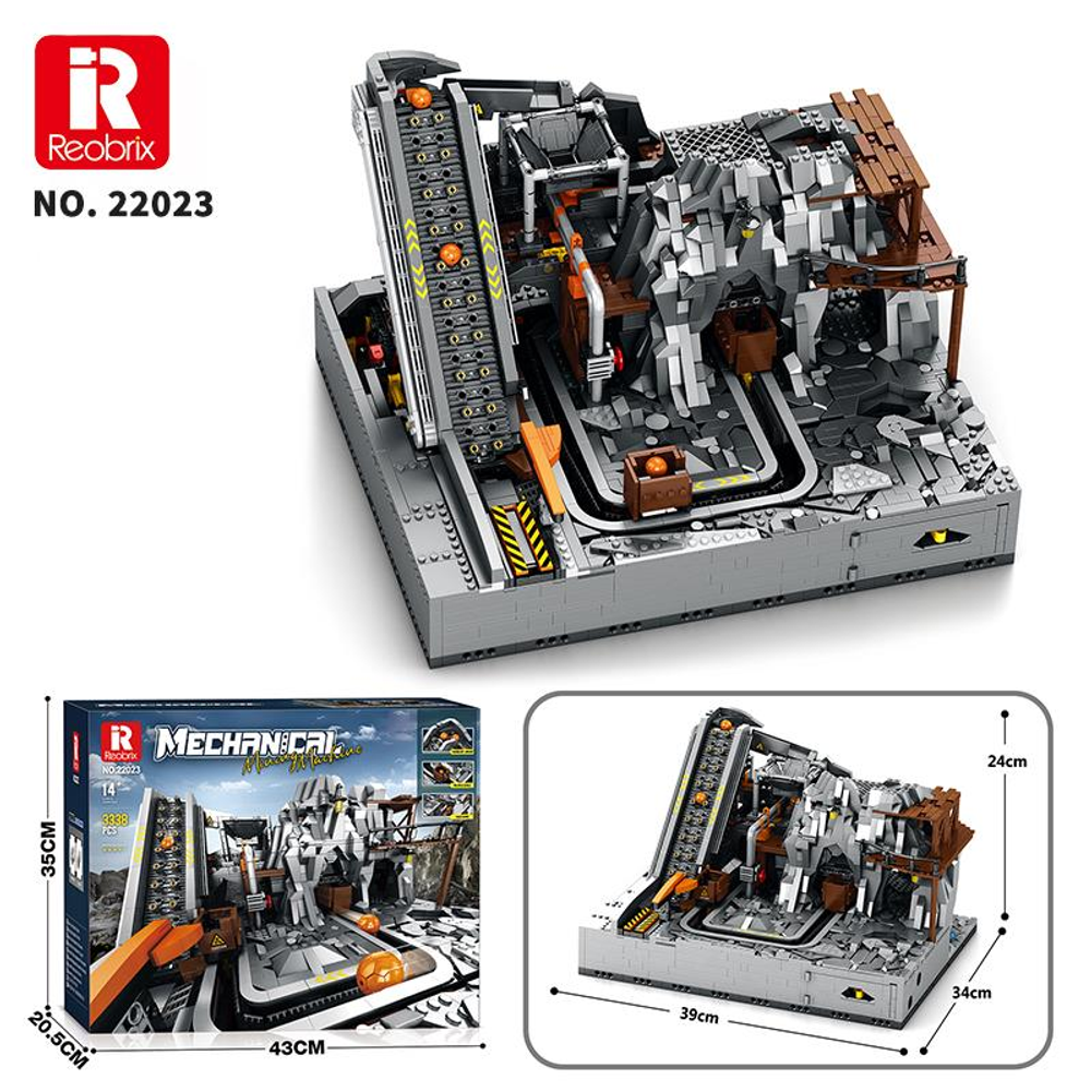 Konveyör bantlı ve tünelli, LEGO benzeri bir maden modeli.