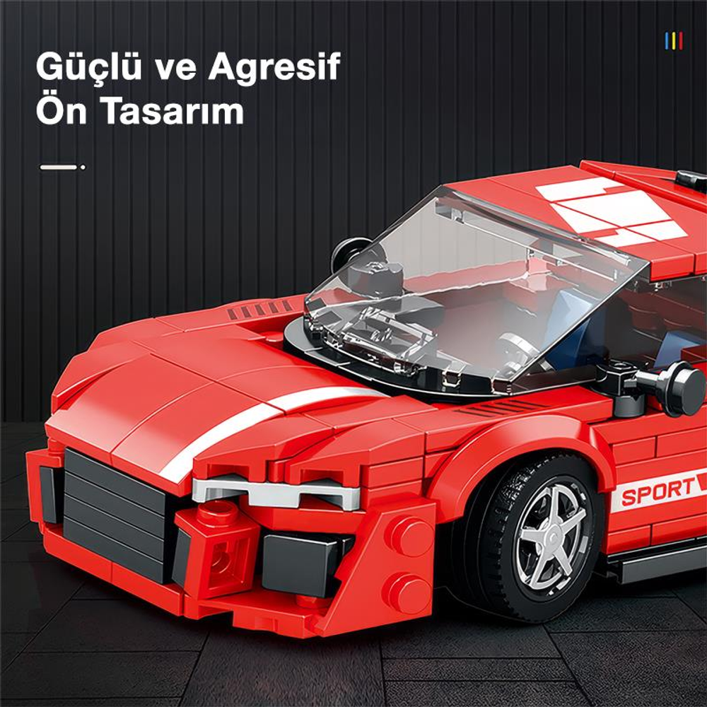 Beyaz çizgili ve şeffaf tavanlı kırmızı bir Lego spor araba modeli.