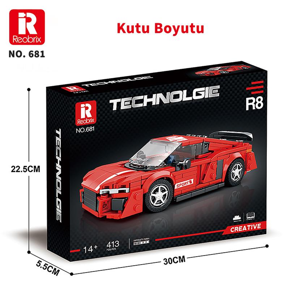 Üzerinde "Technologie" ve "R8" yazan kırmızı oyuncak araba yapım kutusu.
