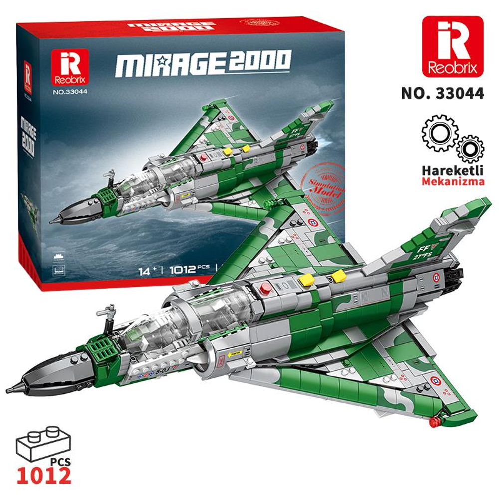 Yeşil ve gri Lego Mirage 2000 savaş jeti modeli.