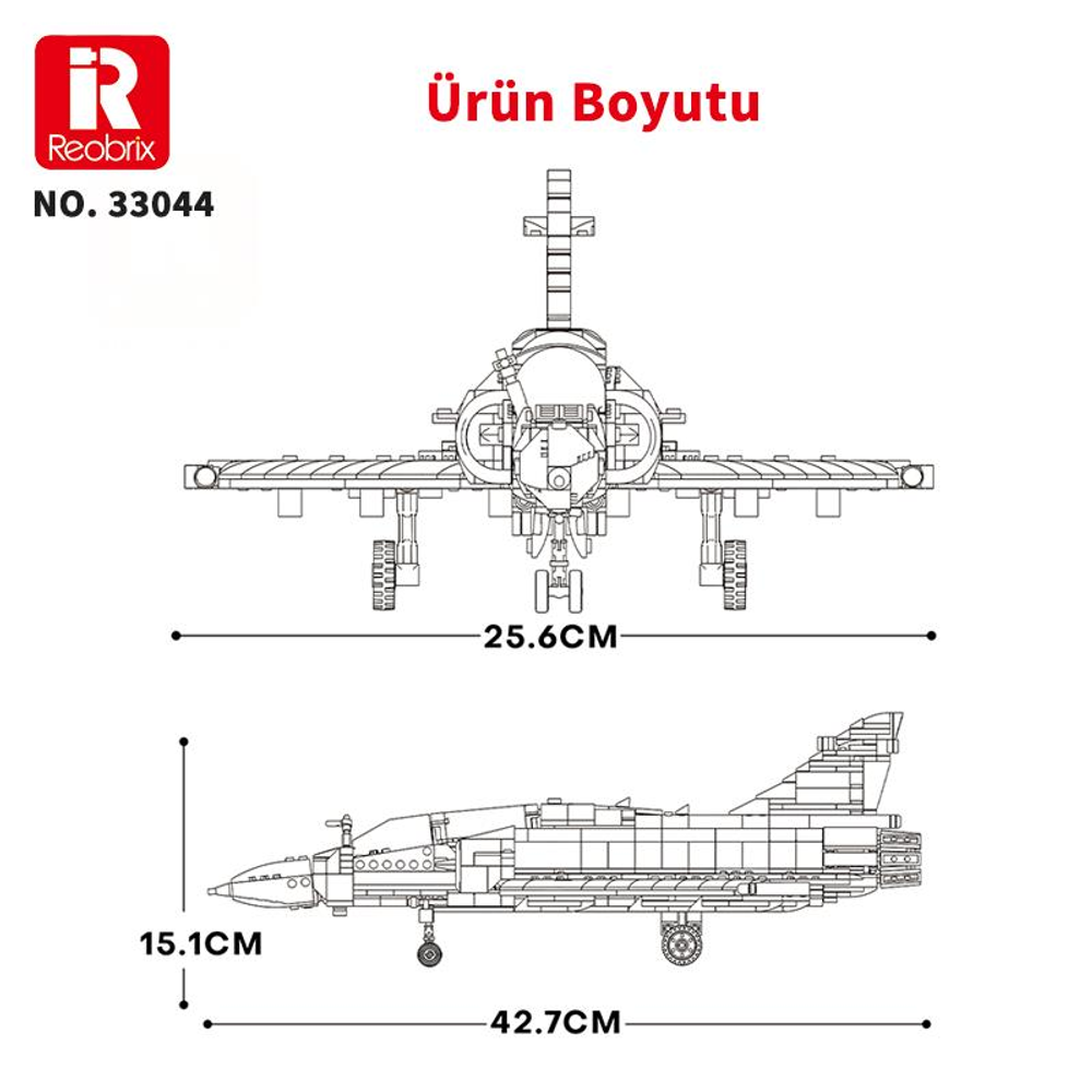 Jet modelinin teknik çizimi, boyutları: 25,6 cm genişlik, 15,1 cm yükseklik, 42,7 cm uzunluk.